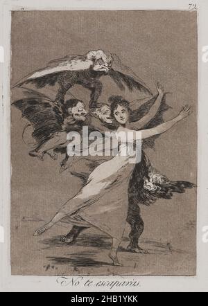 You will Not Escape, No te escarparas, Los Caprichos, Platte 72, Francisco de Goya y Lucientes, Spanisch, 1746-1828, Radierung und Aquatinta auf gedecktem Papier, Spanien, 1797-1798, Blatt: 11 7/8 x 7 15/16 Zoll, 30,2 x 20,2 cm, Aquatinta, Vögel, Chimäre, Tanz, Gravur, Radierung, Illustration, Druck, Satire, Satirisch, Spanien, Spanisch Stockfoto