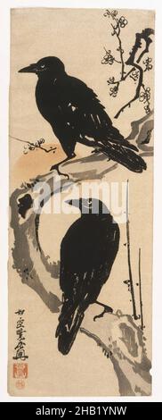 Two Crows, Kawanabe Kyosai, japanisch, 1831-1889, Woodblock-Farbdruck, Japan, um 1885, Meiji-Zeit, 27 1/2 x 10 Zoll, 69,9 x 25,4 cm, Tier, Vögel, Krähen, Kawanabe Kyosai, ndd5, zwei Krähen Stockfoto