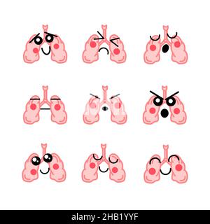 Set von hellen menschlichen Lungen mit niedlichen Gesichtern, medizinische Symbole auf weiß Stock Vektor