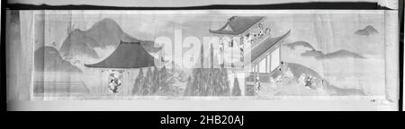 Abschnitt einer erzählenden Schriftrolle und zwei Stoffumhüllungen und Box, Handscroll, Tinte und Farben auf Papier, Seidenkrepe, lackiertes Holz, Japan, ca. 1600, Monmoyama-Zeit, .1 Gemälde: 52 3/8 x 12 3/8 Zoll, 133 x 31,4 cm Stockfoto