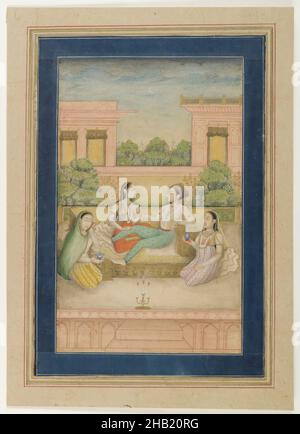 Ein Prinz und sein Consort auf einer Terrasse, indisch, opakes Aquarell auf Papier, Indien, ca. 1800, Mughal, Blatt: 11 3/4 x 8 3/8 Zoll, 29,8 x 21,3 cm, Consort, Halbmond, Garten, Mughal, Palast, Papier, Prinz, Terrasse, Aquarell Stockfoto