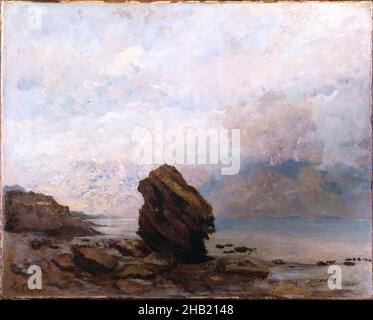 Isolated Rock, Le Rocher isolé, Gustave Courbet, französisch, 1819-1877, Öl auf Leinwand, Frankreich, ca. 1862, 25 1/2 x 32 Zoll, 64,8 x 81,3 cm, allein, Strand, blauer Himmel, Boudin, boulder, ca. 1862, Leinwand, Clowds, Courbet, europäisch, Französischer Maler, Havemeyer, heroisch, Horizont, isolieren, Ende des 19th. Jahrhunderts Malerei, monumentale, Normandie, Öl, Palettenmesser, Felsen, Felsen, Meer, Meereslandschaft, Himmel, Erhaben, Röntgen, Röntgen Stockfoto