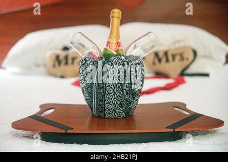 Champagner und Sektgläser auf dem Bett an der romaantischen Hochzeitsnacht Stockfoto