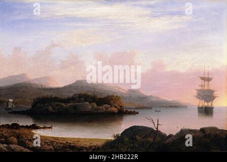 Off Mount Desert Island, Fitz Henry Lane, Amerikaner, 1804-1865, Öl auf Leinwand, 1856, Rahmen: 31 x 43 x 3 1/4 Zoll, 78,7 x 109,2 x 8,3 cm, Amerika, Boot, Wolken, Küste, Marine, Mount Desert Island, Berge, Öl auf Leinwand, Malerei, Segelboot, Meer, Schiff, Küste, Himmel Stockfoto