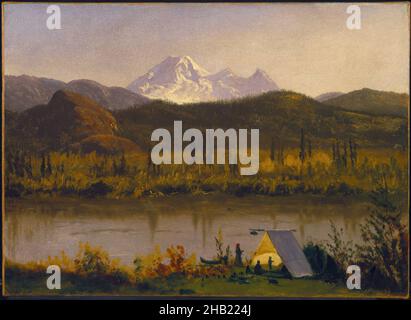 Mt. Baker, Washington, vom Frazier River, Albert Bierstadt, Amerikaner, geb. Deutschland, 1830-1902, Öl auf Papier auf Leinwand, 1890, 14 1/4 x 19 5/8 Zoll, 36,2 x 49,8 cm, 1890, 19th Jahrhundert, amerikaner, Bäcker, Camping, Kanu, Kinder, Hund, Exploration, Familie, Laub, Frontier, Green, Hudson River School, Idylle, Kinder, Landschaft, Freizeit, manifest Schicksal, Berg, Bergszene, Berge, ndd7, Ausflug, Malen, Gipfel, Fluss, Himmel, schneebedeckte, Sonne, Zelt, Westen, Bäume, Trek, washington, Wasser, Röntgen, Röntgen Stockfoto