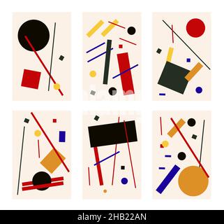 Sechs abstrakte Suprematismus-Kompositionen, Vintage-Retro-Gemälde im Suprematismus-Stil Stock Vektor