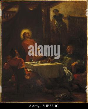 Die Jünger von Emmaus oder die Pilger von Emmaus, Les Disciples d'Emmaüs, ou Les pèlerins d'Emmaüs, Eugène Delacroix, französisch, 1798-1863, Öl auf Leinwand, Europa, 1853, 21 3/4 x 18 1/2 Zoll, 55,2 x 47 cm, Brot, christus, delacroix, Hund, emmaus, Figuren, Lebensmittel, Kelch, Halo, Jesus, Licht, Faulenzen, Essen, Öl auf Leinwand, Menschen, religiöse Kunst, Treppe, Wein, Frau, Röntgen, Röntgen Stockfoto