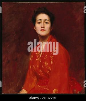 Studie eines Mädchens in japanischem Kleid, William Merritt Chase, Amerikaner, 1849-1916, Öl auf Leinwand, Ca. 1895, 28 1/8 x 25 3/16 Zoll, 71,4 x 64 cm, 19th Jahrhundert, Japanisch, Dame, Malerei, Porträt, rot, Frau Stockfoto