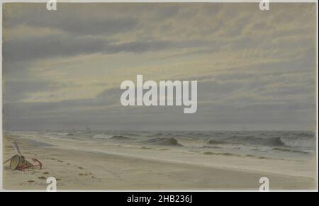 Strandszene mit Fass und Anker, William Trost Richards, amerikanisch, 1833-1905, Aquarell und opakes Aquarell mit Graphitunterzeichnung auf Gewebspapier, 1870, 8 5/16 x 13 15/16 Zoll, 21,1 x 35,4 cm, 1870, 19th Jahrhundert, Strand, Wolken, Wolkenlandschaft, Luminismus, Papier, Sand, Meer, Ufer, Himmel, Wasser, Aquarell Stockfoto