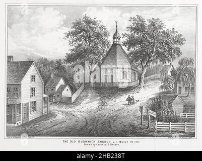 The Old Bushwick Church L.I. Baujahr 1711, Lithograph, 1864, Niederländisch, Bauernhöfe, Historisch, Long Island, New York Geschichte, Old Brooklyn, Old New York, Zaun, ländlich, kleine Stadt, Straße, Dorf Stockfoto