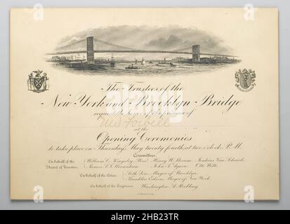 Einladung zur Eröffnung der Brooklyn Bridge, amerikanisch, Gravur, 1883, 6 5/8 x 9 Zoll, 16,8 x 22,9 cm, 19th Jahrhundert, Brooklyn Bridge, zeremoniell, Korrespondenz, Cremiges Papier, Zeichnung, Gravur, Veranstaltung, Einladung, NYC, Schriftartschrift, Siegel Stockfoto