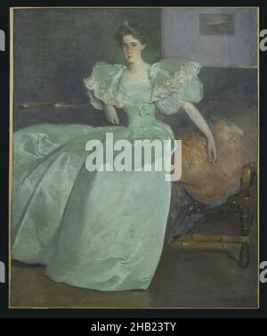 Miss Helen Manice, später Mrs. Henry M. Alexander, John White Alexander, American, 1856-1915, Öl auf Leinwand, 1895, 63 9/16 x 52 1/16 Zoll, 161,5 x 132,2 cm, 1895, Alexander, John White, Alexander, Mrs. Henry M., amerikanische Malerei, Aristokratin, Billowy, Kleid, Edwardian, elegant, faux Bambus, weibliche Figur, formell, Grün, Spitze, Manice, Helen, Malerei, Poofy, im Porträt, sitzend, Ärmel, ehefrau, Frau Stockfoto