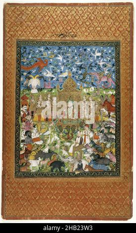 König Salomo und sein Hof, indisch, opakes Aquarell und Gold auf Papier, Hyderabad, Deccan, Indien, 1875-1900, Blatt: 19 11/16 x 11 7/8 Zoll, 50,0 x 30,2 cm, 19th, Engel, Tiere, beschäftigt, Jahrhundert, Kreaturen, Dekkan, Blume, vergoldet, Gold, Group, Hyderabad, IMLS, Indien, Inder, König, König Salomo, kunstvoll, Ottoman, Papier, Hau, religiös, Herrscher, Solomon, Thron, Aquarell Stockfoto