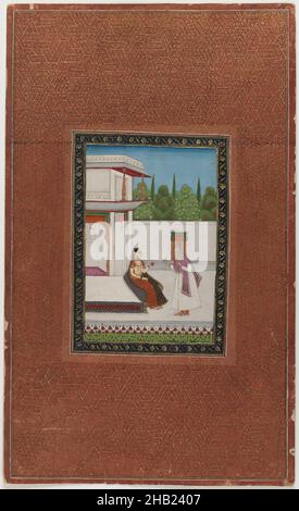 A Lady and her bejahrt servant, Indian, opakes Aquarell auf Papier, Dekan, Indien, 1875-1900, Blatt: 19 3/4 x 11 7/8 Zoll, 50,2 x 30,2 cm, Architektur, Chrysantheme, Gespräch, Hof, Deccan, dekorativ, ältere Menschen, weiblich, Hyderabad, indisch, Lotus, männlich, Papier, Diener, Tradition, Aquarell Stockfoto