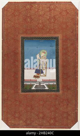 Shah Jahan mit einem Falken, indisch, opakes Aquarell und Gold auf Papier, Dekan, Indien, 1875-1900, Blatt: 19 3/4 x 11 7/8 Zoll, 50,2 x 30,2 cm, Dekan, Kaiser, Falke, Garten, Gold, Halo, Mogul, Papier, Porträt, Sitzend, Shah Jahan, Terrasse, Aquarell Stockfoto