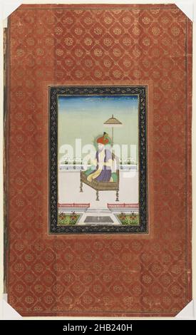 Umar Shaykh Mirza, indisch, opakes Aquarell und Gold auf Papier, Deccan, Indien, 1875-1900, Blatt: 19 5/8 x 11 13/16 Zoll, 49,8 x 30,0 cm, Deccan, Garten, Gold, Papier, Sonnenschirm, Porträt, Terrasse, Thron, Umar Shaykh Mirza, Aquarell Stockfoto