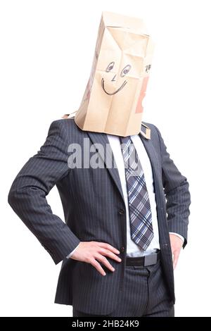 Anonym, Mann, Papiertasche, Geschäftsmann, lachend, Geheimkopf, elegant, Papier, Tasche, unerkannt, Smiley, Hintergrund, geheim, lustig, Gesicht, Person, Bus Stockfoto