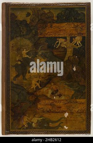 Elefantenjagd, indisch, blickdichtes Aquarell auf Papier, lackiert und auf Leder montiert, Indien, ca. 1600-1605, Mughal, Regierungszeit von Akbar, Blatt: 10 1/16 x 6 7/16 Zoll, 25,6 x 16,4 cm, 17th Jahrhundert, Akbar, Kampf, Elefant, Elefantenjagd, Elefantenreiter, Elefanten, Pferde, Reiter, Jagd, Jagd, indische Malerei, lackiert, Leder, Mughal, Nastaliq Schrift, Malerei, Aquarell Stockfoto