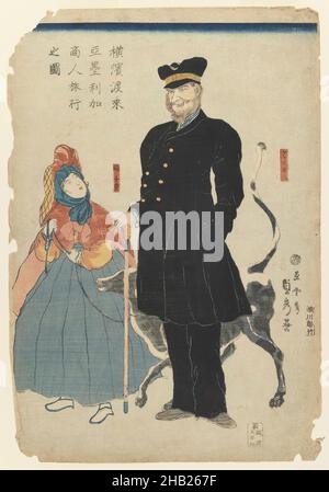 Ein amerikanischer Händler und seine Tochter schlendern in Yokohama, Utagawa Sadahide, japanisch, 1807-ca. 1873, Farbholzschnitt auf Papier, Japan, 19th. Jahrhundert, späte Edo-Zeit, 14 1/4 x 9 3/4 Zoll, 36,2 x 24,8 cm Stockfoto