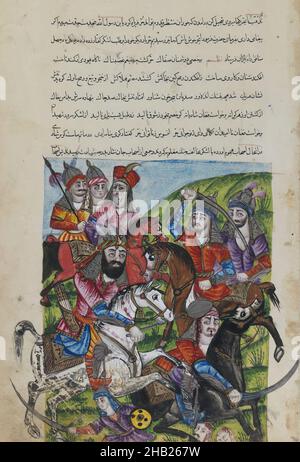 Miniaturmalerei, Tinte auf Papier, 19th Jahrhundert, Qajar, Qajar-Zeit, Schrift: 5 3/4 x 3 3/4 Zoll, 14,6 x 9,5 cm, 19th Jahrhundert, Schlacht, Figuren, Folio, Pferd, Pferde, Beleuchtung, Inschrift, Ritter, Manuskript, Malerei, persische Schrift, Schrift Stockfoto