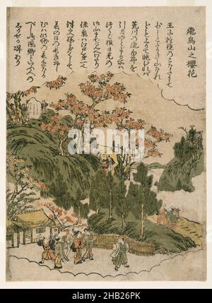 Kirschblütensaison auf dem Mt. Asuka, aus einer unbetitelten Serie berühmter Orte in Edo, Kitao Shigemasa, japanisch, 1739-1820, Farbholzschnitt auf Papier, Japan, ca. 1770, Edo-Periode, 8 1/2 x 6 1/8 Zoll, 21,6 x 15,5 cm, Blüten, Kimono, Freizeit, Natur, Outdoor, Ausflug, Menschen, Erholung, Saison Stockfoto