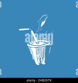 Delphin springt aus einem Plastikbecher mit einem Stroh. Das Problem der Plastikverschmutzung der Gewässer der Ozeane. Stock Vektor