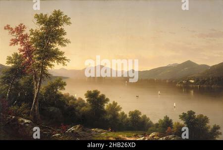 Lake George, John William Casilear, Amerikaner, 1811-1893, Öl auf Leinwand, 1857, 37 5/8 x 60 Zoll, 95,5 x 152,4 cm, 1857, 19th Century, adirondacks, Albany, Boot, Wolke, dramatisch, Gras, Hügel, Horizont, Hudson River School, See, Lake George, Landschaft, Licht, Berg, Berge, New York State, Öl auf Leinwand, Malerei, Reflexion, Reflexionen, Felsen, Felsen, Romantik, Segeln, Segelboote, Baum, Bäume, Wasser, Wildnis, Röntgen, Röntgen, Artikel, Braun, Kamm, Kosmetik, Egypt Exploration Fund, Römische Zeit, Holz Stockfoto