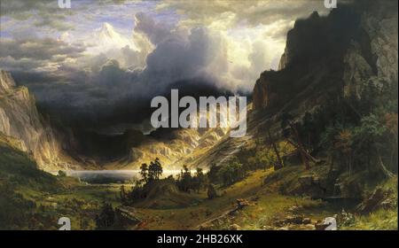 Ein Sturm in den Rocky Mountains, Mt. Rosalie, Albert Bierstadt, Amerikaner, geboren Deutschland, 1830-1902, Öl auf Leinwand, 1866, Rahmen: 98 5/8 x 158 1/8 x 7 1/4 Zoll, 286 lb., 250,5 x 401,6 x 18,4 cm, 129,73kg, 1866, 19th Century, 19.C, Albert Bierstadt, amerikanischer Westen, schön, Bierstat, Chiaroscuro, Wolken, Wolkenlandschaft, tiefe Schatten, dramatisch, fiktiv, Fokussiertes Sonnenlicht, Wald, Hudson River School, Beleuchtung, See, Landschaft, Licht, manifeste Bestimmung, Berg, Berge, Ureinwohner Amerikas, Naturgeschichte, Natur, ndd12, Öl auf Leinwand, Malerei, Flusstal, Felsen, Rocky Mountains, Himmel, Sturm Stockfoto