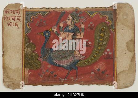 Kaumari, indisch, opakes Aquarell, Gold und Silber auf Papier, Gujarat, Indien, Ende 18th. Jahrhundert, Blatt: 4 7/16 x 6 11/16 Zoll, 11,3 x 17,0 cm, asiatisch, Vogel, Blumen, Gold, Gujarat, Inder, Inschrift, Kaumari, Manuskript, Matrika, Malerei, Papier, Pfau, Shakti, Silber, Vahana, Aquarell Stockfoto