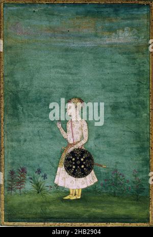 Porträt eines Prinzen, Inder, opakes Aquarell auf Papier, Indien, Ende des 17th. Jahrhunderts, Mughal, Herrschaft von Aurangzeb, Blatt: 5 13/16 x 3 15/16 Zoll, 14,8 x 10,0 cm, 17th Jahrhundert, Aurangzeb, Elite, smaragdgrün, Kleiner Prinz, Mughal, Papier, Porträt, mächtig, Prinz, königlich, königlich, Aquarell, wohlhabend Stockfoto