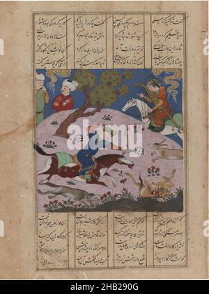 Bahram Gur Hunting Onagers with Fitna, Page from the Haft paykar, Seven Portraits, from a Manuskript of the Khamsa, Quintett of Nizami, d. 1209, opakes Aquarell, Tinte, Silber und Gold auf Papier, ca. 1480-81, Turkman, 4 x 4 1/16 Zoll, 10,2 x 10,3 cm, Bogenschütze, bahram, Pfeil und Bogen, Kalligraphie, Esel, Epos, gur, Pferd, Pferd, Jagd, Naher Osten, Persien, Persisch, Dichter, Poesie, Sassanid, shah Stockfoto