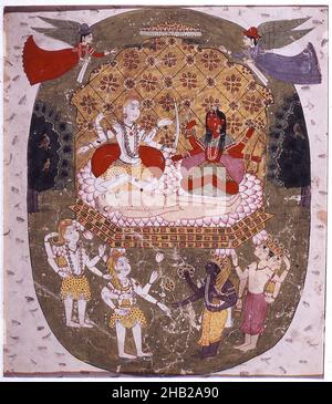 Shiva und Parvati, indisch, opakes Aquarell und Gold auf Papier, Punjab Hills, Indien, ca. 1820-1825, Blatt: 8 7/8 x 7 7/8 Zoll, 22,5 x 20,0 cm, Engel, Zeremonie, Coiffure, Leiche, Gottheiten, Gold, Kangra, Leopard, Lotus, Paper, Parvati, Punjab Hills, Shiva, Snakes, Trident, Vidyadharas, Aquarell Stockfoto