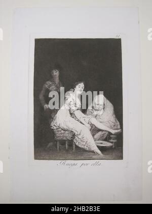 Sie betet für sie, Ruega por ella, Los Caprichos, Plate 31, Francisco de Goya y Lucientes, Spanisch, 1746-1828, Rading, Aquatint, Trockenpunkt und Burin auf geverlegtem Papier, Spanien, 1797-1798, Blatt: 11 13/16 x 8 Zoll, 30 x 20,3 cm, Aquatint, Gravieren, Radieren, Drucken, Satire, Satire, Spanien, Spanisch Stockfoto