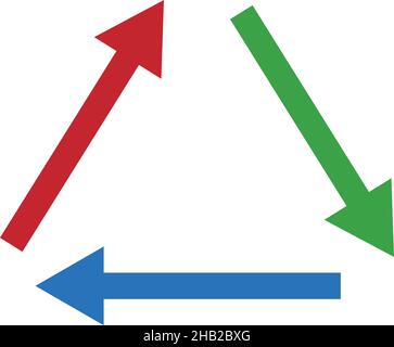 Rotes, blaues, grünes Pfeilsymbol, das eine Dreiecksform darstellt. vektor. Stock Vektor