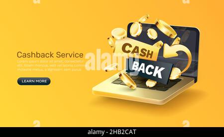 Laptop-Symbol Cash-Back, Bonusmünze, Computergeldfinanzierung. Vektorgrafik Stock Vektor