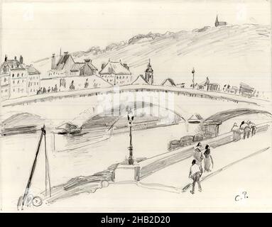 Stone Bridge, Rouen, Pont de Pierre, Rouen, Camille Jacob Pissarro, Französisch, 1830-1903, Bleistift auf hellem Wove-Papier, Frankreich, 1883, Blatt: 7 1/2 x 8 7/8 Zoll, 19,1 x 22,5 cm Stockfoto