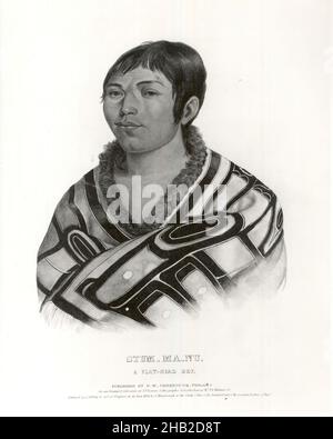 Stum - Ma - Nu, A Flat-Head Boy, Lithograph, handgefärbt auf Papier, 1838, 9 1/2 x 8 1/8 Zoll, 24,1 x 20,6 cm Stockfoto