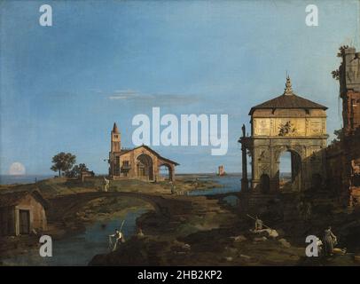 Eine Insel in der Lagune mit einem Tor und einer Kirche, Canaletto (Giovanni Antonio Canal), Italienisch, 1697–1768, 1743–44, Öl auf Leinwand, Hergestellt in Venedig, Venetien, Italien, Europa, Gemälde, 20 1/8 x 27 Zoll (51,1 x 68,6 cm Stockfoto