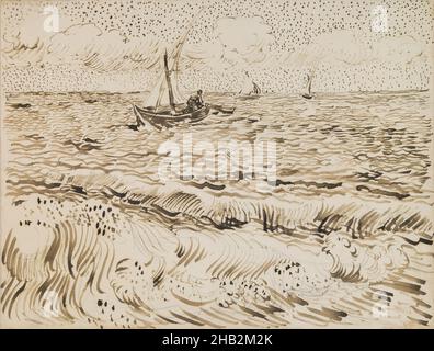 Fischerboote in Saintes-Maries-de-la-Mer, Vincent van Gogh, Niederländisch, 1853–1890, 1888, Stift, Tinte und Bleistift, hergestellt in Arles, Frankreich, Europa, Saintes-Maries-de-la-Mer, Frankreich, Europa, Zeichnungen und Aquarelle, 9 5/8 x 12 9/16 Zoll (24,4 x 31,9 cm Stockfoto