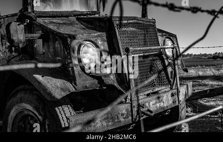 Graustufenaufnahme eines rostigen verlassenen Autos Stockfoto