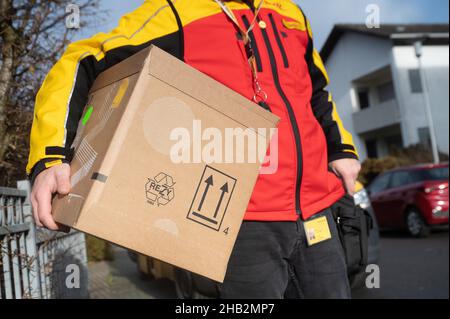 Ober Ramstadt, Deutschland. 15th Dez 2021. Ein DHL-Mitarbeiter trägt ein Paket unter seinen Arm. (To dpa 'Deliverers carry out Millions of parcels before Christmas') Quelle: Sebastian Gollnow/dpa/Alamy Live News Stockfoto