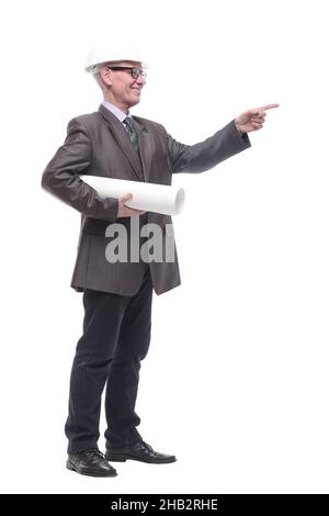 Geschäftsmann in einem Schutzhelm mit Zeichnungen. Stockfoto