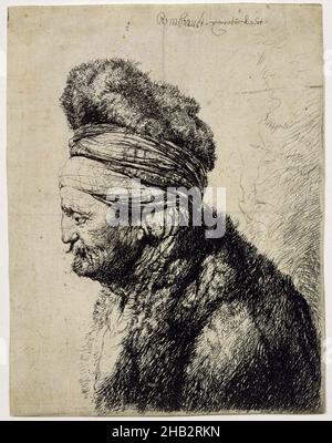 Der zweite orientalische Kopf, Rembrandt van Rijn, Niederländisch, 1606–1669, um 1635, Radierung, hergestellt in Amsterdam, Niederlande, Europa, Blatt (in Plattenmark zugeschnitten): 5 7/8 x 4 1/2 Zoll (14,9 x 11,5 cm Stockfoto