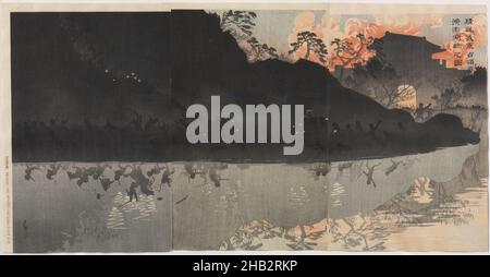 Unsere Elitekräfte, die die Pescadore-Inseln Taiwans besetzen, Kobayashi Kiyochika, 1847–1915, Meiji-Periode, 1868–1912, Matsuki Heikichi V, japanisch, 1872–1931, 1895, Triptychon von Farbholzschnitten, hergestellt in Tokio, Japan, Asien, Triptychon wie montiert: 14 3/4 × 28 11/16 Zoll (37,5 × 72,9 cm Stockfoto