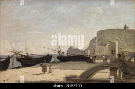 The Beach, Étretat, Jean-Baptiste-Camille Corot, Französisch, 1796–1875, 1872, Öl auf Leinwand, Étretat, Frankreich, Europa, Gemälde, 14 Zoll x 22 3/16 Zoll (35,6 x 56,4 cm Stockfoto