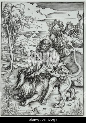 Samson Slaying the Lion, Albrecht Dürer, Deutsch, 1471–1528, ca. 1497–98, Holzschnitt, hergestellt in Nürnberg, Bayern, Deutschland, Europa, Ausdrucke, Block (unregelmäßig): 15 3/16 x 11 1/16 Zoll (38,5 x 28,1 cm Stockfoto