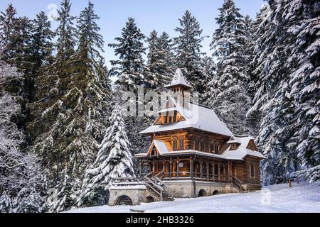 Jaszczurowka-Kapelle in Zakopane, Polen in der Winterlandschaft. Stockfoto