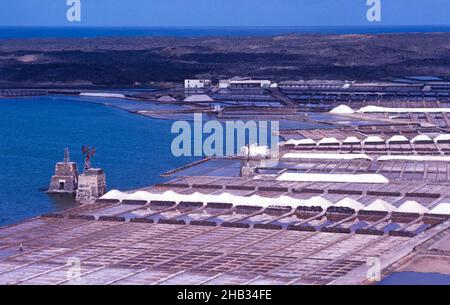 Traditionelle Salzwerke Verdampfung von Meerwasser aus Salzpfannen, Salinas de Janubio, Lanzarote, Kanarische Inseln, Spanien, 1979 Stockfoto