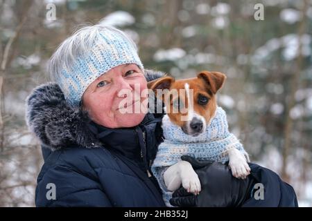 Ältere Frau, die einen kleinen Jack Russell Terrier Hund an den Händen hält, trägt einen passenden Strickpullover und ein Stirnband Stockfoto