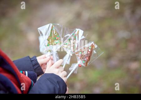 Das Kind hält gepackte Lutscher, die in Form eines Weihnachtsbaums dekoriert sind. Hochwertige Fotos Stockfoto